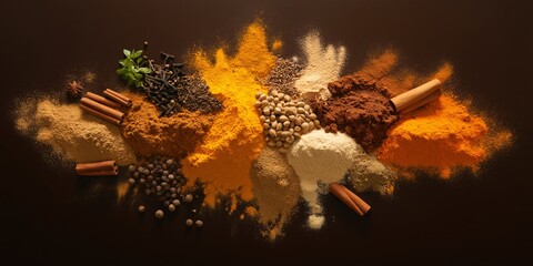 Colorful spices including cinnamon, turmeric, and cloves displayed on a dark background in a lively arrangement.