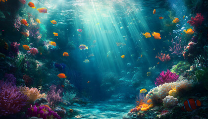 Obraz premium A dreamy underwater scene with schools of colorful fish, corals, and rays of sunlight penetrating through the water’s surface