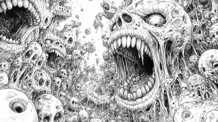 Naklejka premium A haunting black and white illustration filled with grotesque skulls, monstrous faces, and eerie, twisted forms creating a surreal atmosphere.