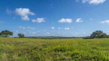 Obraz premium Expansive savanna grasslands with patches of wildflowers and scattered trees under a clear blue sky.