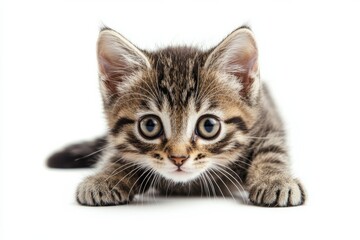 Young tabby kitten curiously looking on white background, isolate,