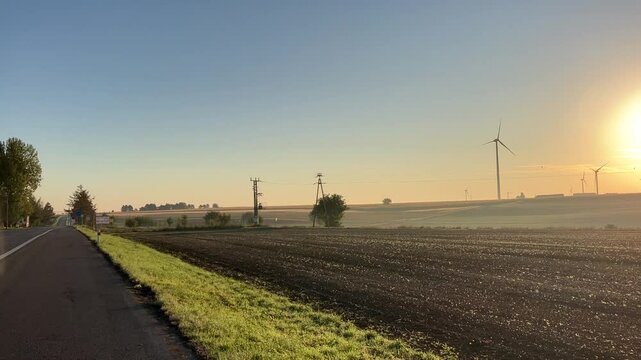 sunset over the fields,sunset in the countryside, czech autumn landscape, panoramic view village Hnevosice, silesia region, Opava, 