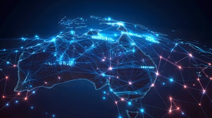 Digital map of Australia network connectivity, data transfer, tech business telecommunication.