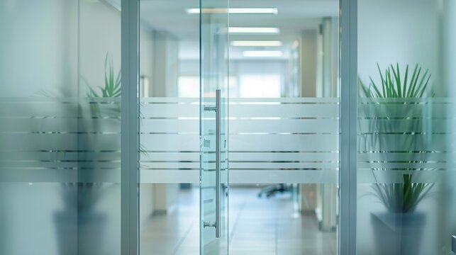 Frosted glass door with a minimalist etched design, opening into a bright, upscale office with contemporary decor.