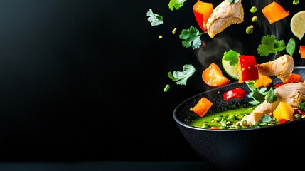 Thai green curry ingredient floating on black background