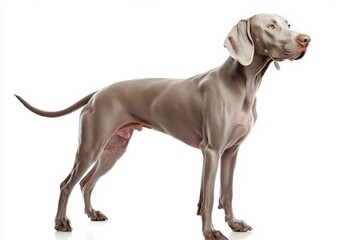 Weimaraner dog standing on white background, isolate,