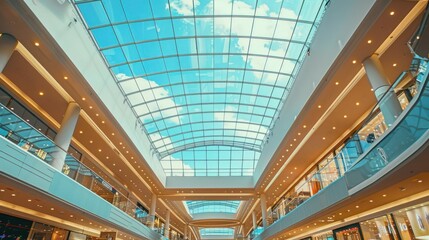 Glass ceiling with a view of the sky, positioned in a luxurious shopping mall.