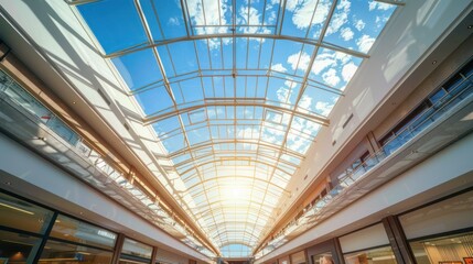 Glass ceiling with a view of the sky, positioned in a luxurious shopping mall.