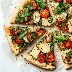 Vegan pizza with vegan cheese and plant-based toppings on white background