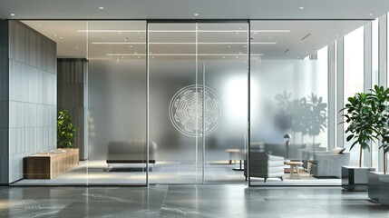 Glass door with a detailed etched logo of a prestigious company, positioned in a stylish reception area of an upscale office.