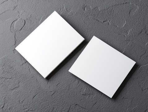 Blank white business cards on textured grey background, ready for customization and design.