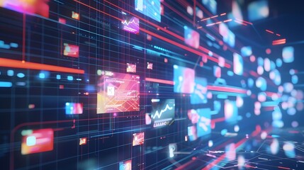 Fototapeta premium Digital workspace showcasing the concept of digital content, social network services, streaming video, and NFTs.