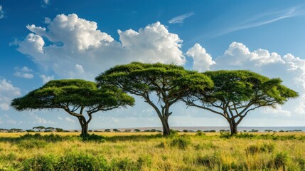 Obraz premium Iconic acacia trees standing tall in the savanna, with their distinctive umbrella-shaped canopies.