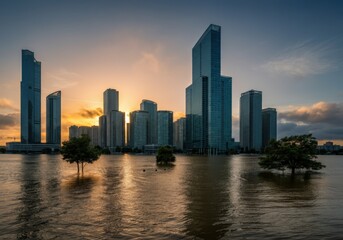 Fototapeta premium Cityscape with Skyscrapers Reflected in Water at Sunset