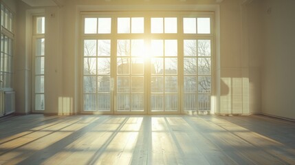 Obraz premium Interior view of a room with sunlight streaming through a large, clean glass window
