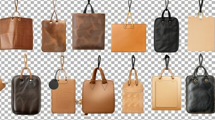 Luggage bag leather tag hanging label. Many assorted different range types isolated on transparent background cutout. PNG file.