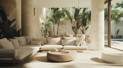 A stunning villa showcasing the breathtaking scenery of Cancun, adorned in a pale blue and beige color scheme. The neutral palette, combined with soft natural light, creates a serene ambiance