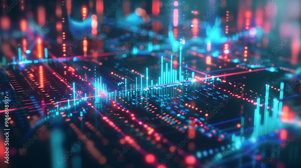 Poster abstract digital network visualization with colorful glowing lines and data patterns.