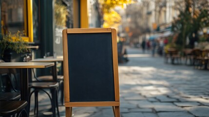Empty blank chalkboard blackboard outside a cafe restaurant or coffee shop on a sidewalk or street Advertising banner Mock-up template Wooden frame  Commercial promotion Outdoor menu Pub entrance