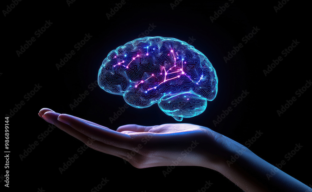 Poster hand holding futuristic glowing brain representing artificial intelligence