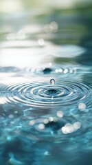 A single water drop creates ripples in a calm pool of water.