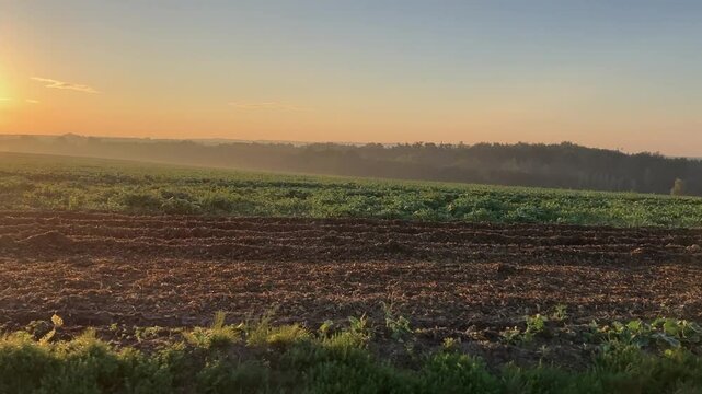 sunset in the countryside, czech autumn landscape, panoramic view village Hnevosice, silesia region, Opava, 