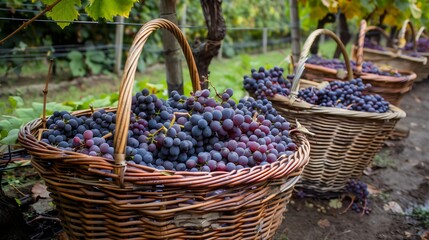 Ripe grape bunches harvested, collected in a woven basket in a vineyard Agriculture plantation Viticulture Healthy organic sweet, juicy purple fruit Wine making Rural farm Natural food Autumn season 
