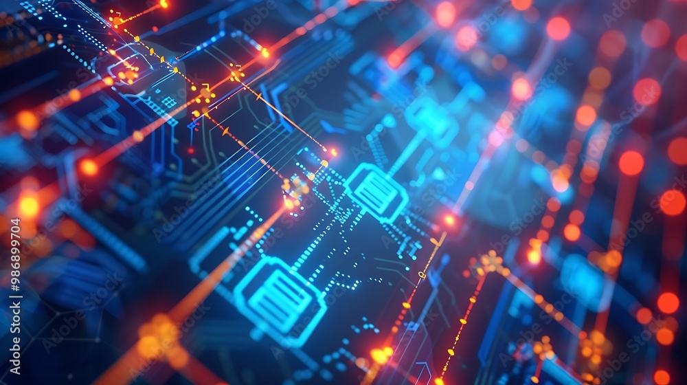 Poster abstract technology background with glowing lines and circuit board patterns, representing the digit