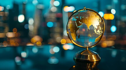 Golden globe with white outlined continents and oceans illuminated on table for representing global perspective international relations and world geography in modern cityscape concept.