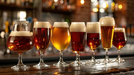 Set of beer glasses on a bar counter, with different types of beer in each glass