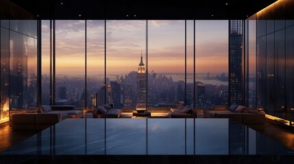 Luxury lifestyle theme showing a high-end luxury apartment with floor-to-ceiling window and breathtaking city view