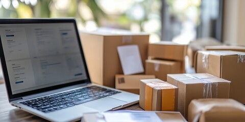 A laptop with shipment details and several packaged boxes surrounding it, indicating e-commerce and online orders.