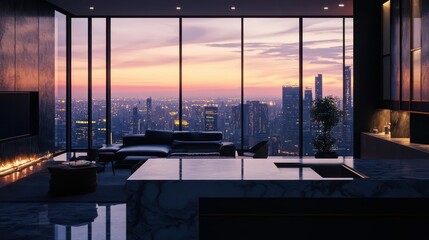 Fototapeta premium Luxury lifestyle theme showing a high-end luxury apartment with floor-to-ceiling window and breathtaking city view