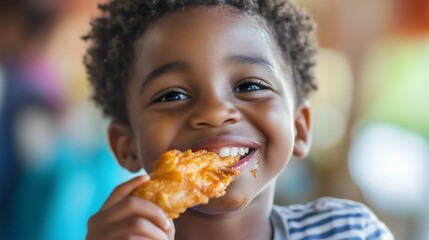 Smiling African American black male kid, toddler boy eating or biting a slice of fried crispy...