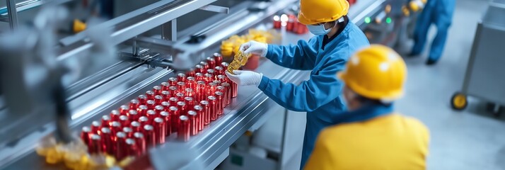 Employees in blue uniforms and safety gear work on a beverage canning factory line, handling sleek red cans.