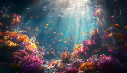 Obraz premium A dreamy underwater scene with schools of colorful fish, corals, and rays of sunlight penetrating through the water’s surface