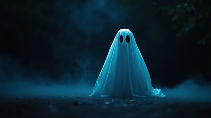 A mysterious ghost figure shrouded in white fabric, surrounded by fog in a darkened forest setting, evoking an eerie atmosphere.
