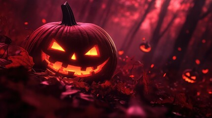 Fototapeta premium A spooky Halloween scene featuring a glowing pumpkin surrounded by autumn leaves in a dark, eerie forest.