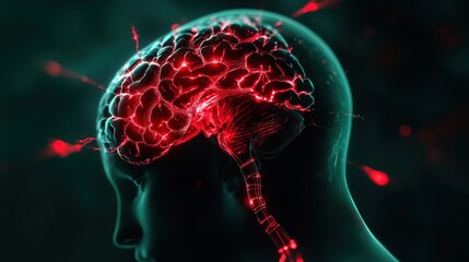 An artistic representation of a brain with glowing red neural connections, showcasing the concept of intelligence and creativity.