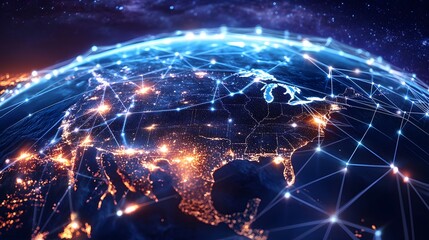 Digital world globe centered on USA, showcasing global network and connectivity, data transfer, cyber technology, information exchange, and international telecommunication.