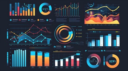 Collection of colorful charts and graphs visualizing data for business and finance analysis.