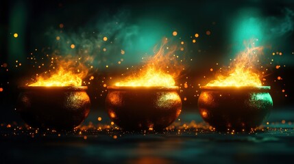 Fototapeta premium Enchanting scene with three cauldrons bubbling over with vibrant flames, surrounded by glowing sparks in a mystical atmosphere.