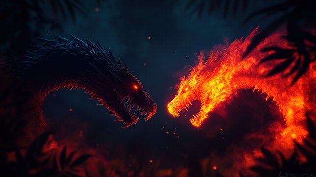 Epic battle between dark and fiery dragons, set in a mystical forest, showcasing intense colors and dramatic atmosphere.