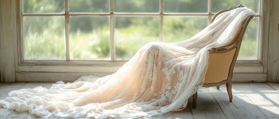 White lace fabric draped over a vintage chair in front of a window.