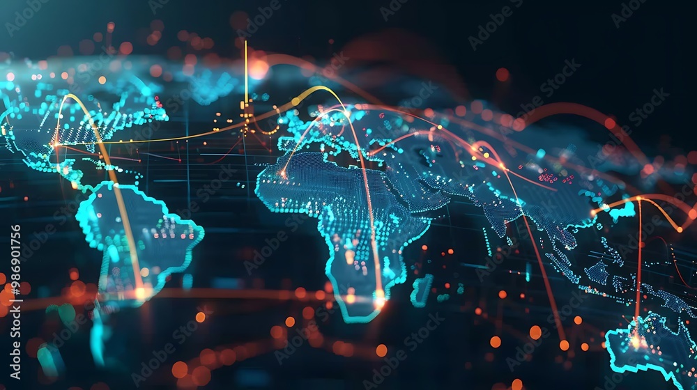 Poster digital representation of the world map showing the interconnectedness of global communication.