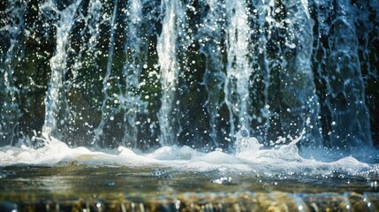 The base of a waterfall with water splashing and creating a dynamic and refreshing scene.