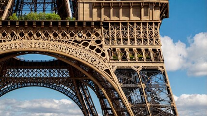 A close-up of the intricate iron lattice structure of the Eiffel Tower, highlighting the architectural details with a bright blue sky and light clouds in the background 