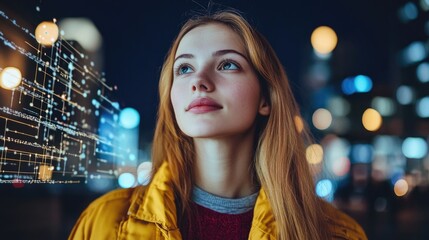 Dreamy Young Woman with Digital Interface on City Night Background