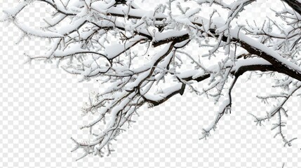 Fototapeta premium Tree branches covered in a thick layer of snow, isolated on a transparent background
