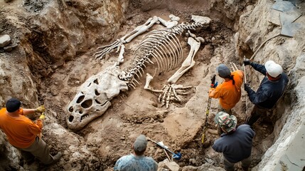 Dinosaur skeleton excavation at a site, with fossilized bones partially exposed against the earth.